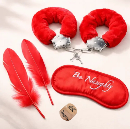Kit Erótico de Iniciación Rojo | Esposas, Antifaz, Plumas y Dado