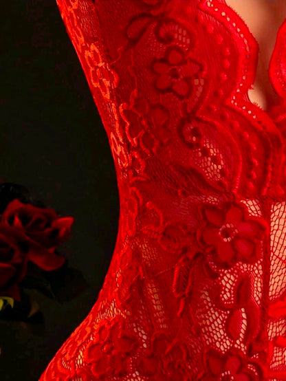 Body Lencería Rojo de Encaje Floral con Espalda Descubierta talla S/M
