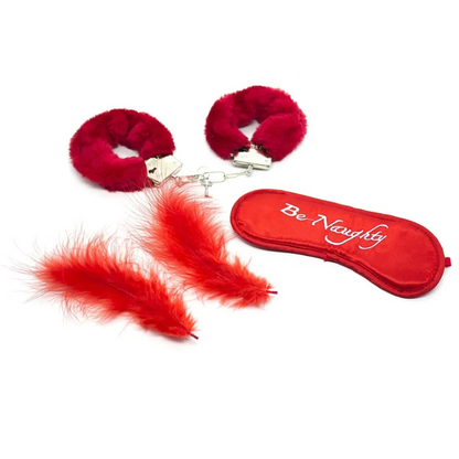 Kit Erótico de Iniciación Rojo | Esposas, Antifaz, Plumas y Dado