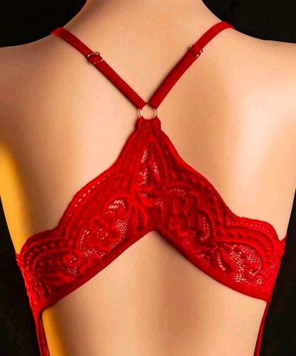Body Lencería Rojo de Encaje Floral con Espalda Descubierta talla S/M