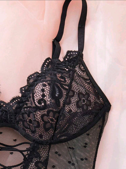 Body de Lencería Negro con Encaje, Malla Plumeti Talla S