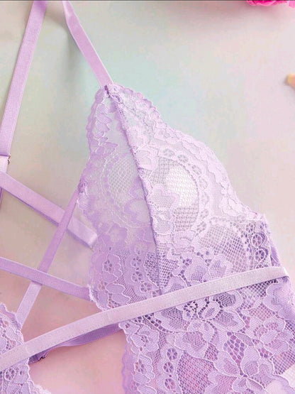 Body de Lencería Lila de Encaje con Tirantes Cruzados - Talla M/L